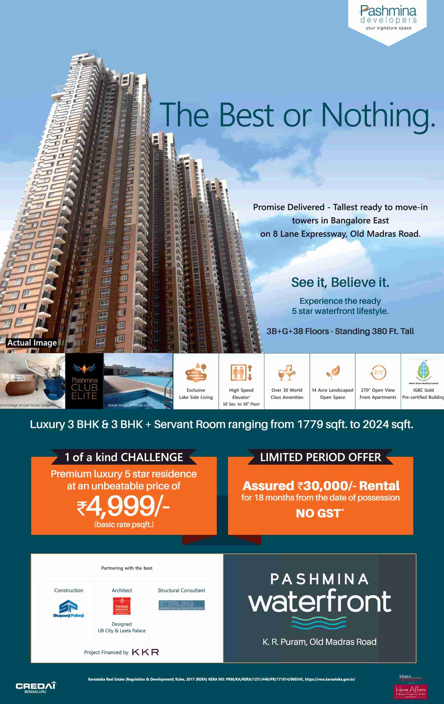 Book premium luxury 5 star residence @ Rs 4999 per sqft at Pashmina Waterfront in Bangalore Update